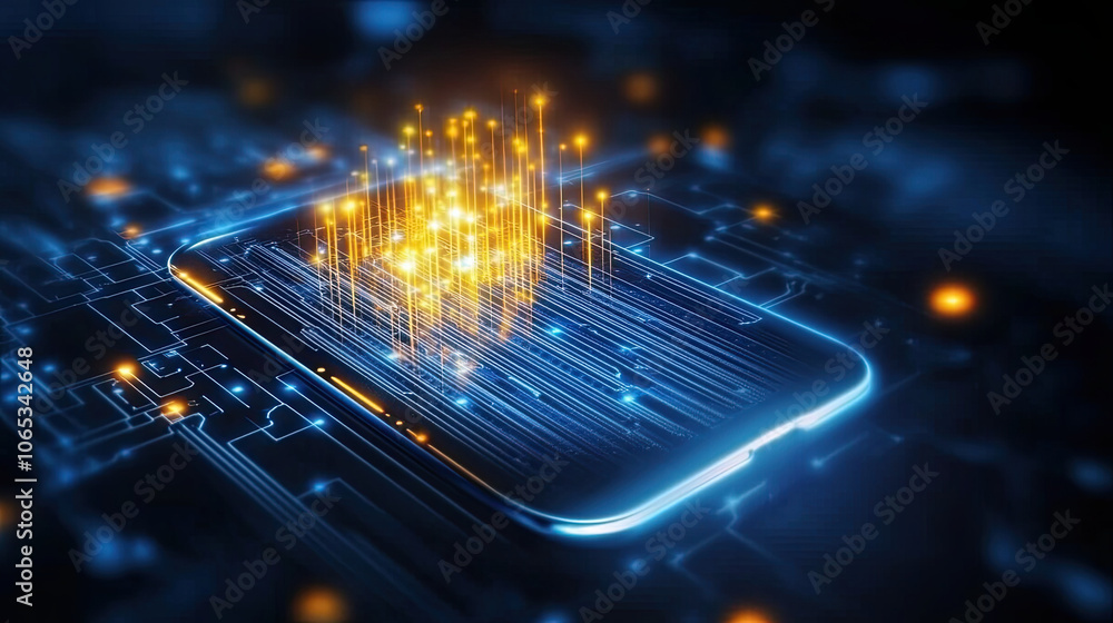 Poster glowing smartphone with vibrant data streams and circuit patterns, symbolizing advanced technology and connectivity