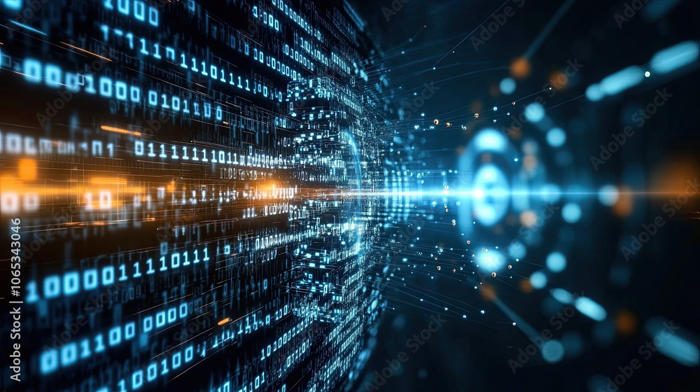 Poster stylized representation of technology with binary code elements, showcasing futuristic digital lands