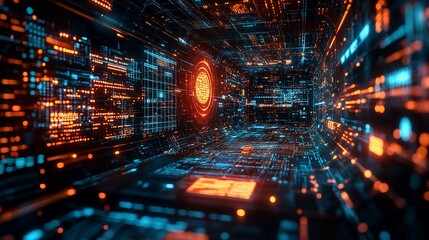 Obraz premium Futuristic digital tunnel with glowing lights and data streams.