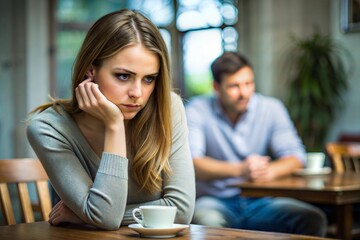 Obraz premium A sad young woman sits at a table with a cup of coffee. A man sits behind her.
