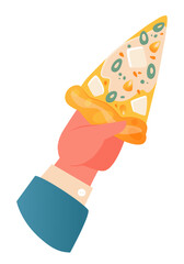 Vector illustration of hand holding big tasty slice of pizza. Triangular pizza with olives, cheese and other tasty ingredients. Concept of fast food in other countries of world, Italian traditional