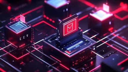Obraz premium Tech-Inspired Wireframe Illustration of a Digital Voting System: Isometric Perspective with Patriotic Colors, Data Encryption, and Circuit Board Patterns. Commercial-Ready Design.