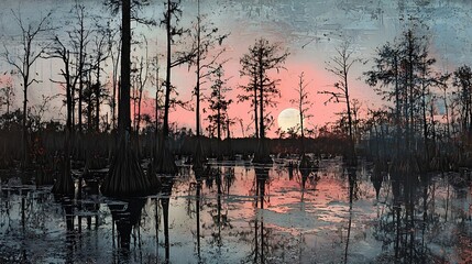 Abstract Watercolor Sunset Over Cypress Trees in a Swamp.