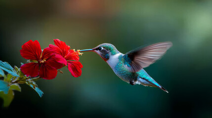 Fototapeta premium Grace in Motion: Hummingbird Hovering Over Red Blossom