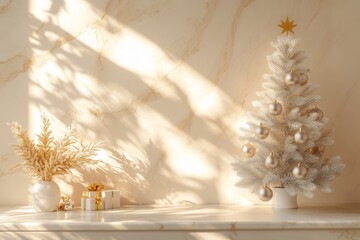 Aluminum Christmas tree with elegant winter decorations in bright, festive interiors