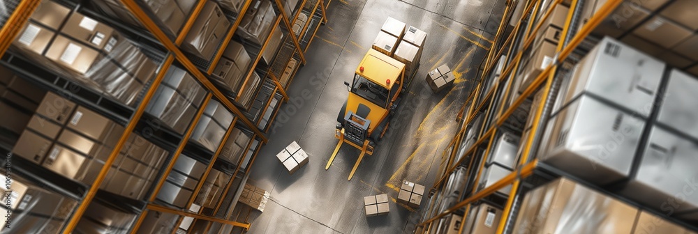 Poster A wellorganized warehouse showcases a forklift moving pallets, illustrating modern logistics efficiency. It demonstrates effective storage management practices and emphasizes scale in action
