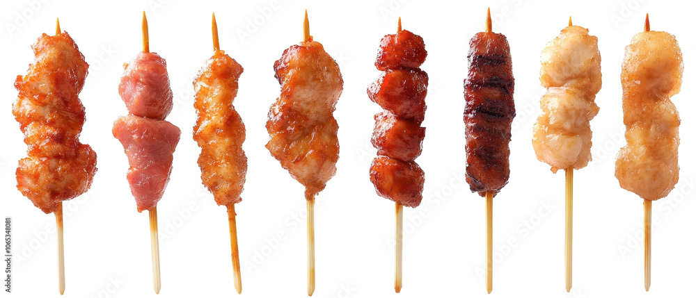Poster a row of skewers with meat on them. transparent background