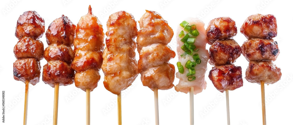 Poster a row of skewers with meat and vegetables on them. transparent background