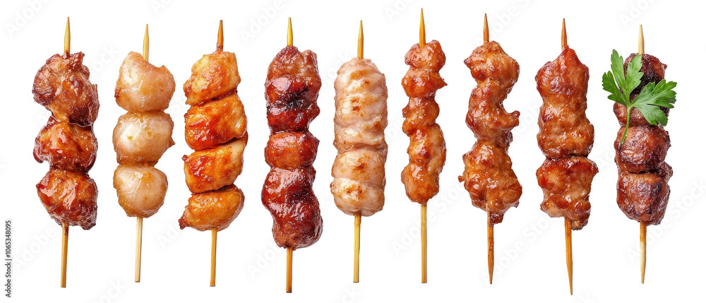 Poster a row of skewers with meat and vegetables on them. transparent background