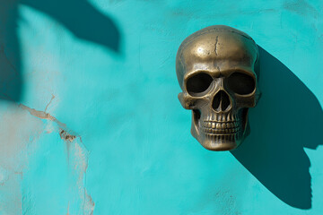 Bronze skull on blue wall casting long shadow  