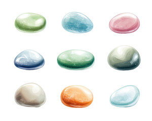 A set of colorful rocks are shown in various shades of blue, green, pink. transparent background