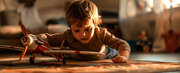 Niño caucasico jugando en su cuarto con un avion de juguete