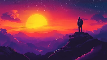Fototapeta premium A traveler watching a sunset from a mountaintop, symbolizing journey s end, vivid colors, serene atmosphere, realistic