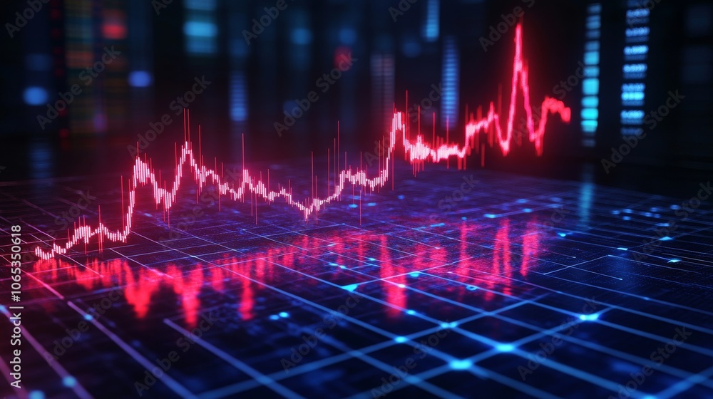 Poster red neon line graph on digital grid background