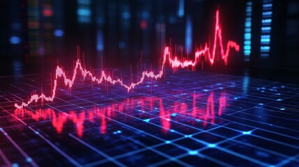 Red Neon Line Graph on Digital Grid Background
