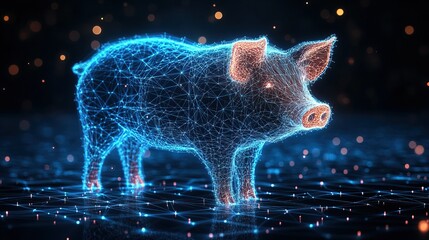 Digital 3D render of pig wireframe blue geometric connections