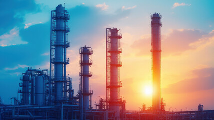 Obraz premium Oil refinery with tall smokestacks at sunset, showcasing industrial beauty and vibrant colors in sky