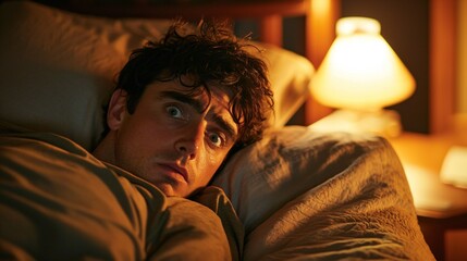 Fototapeta premium Man lying in bed with wide-open eyes, showing deep concern and fatigue, unable to sleep in dimly lit room with soft glow from nightstand lamp.