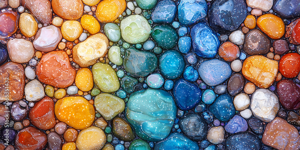 Aufkleber Colorful, smooth stones arranged in vibrant rainbow pattern, creating visually striking and harmonious display. stones are wet, enhancing their vivid hues and glossy texture