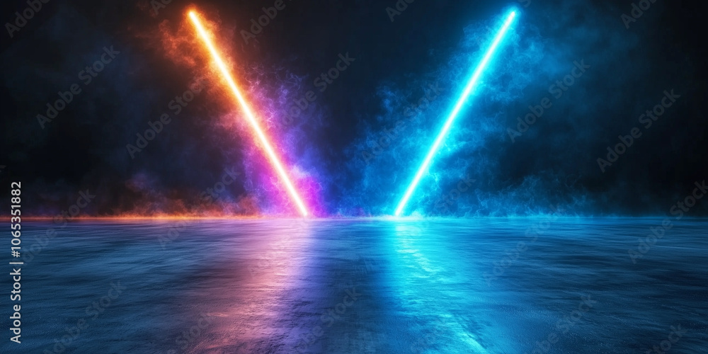 Poster Vibrant neon lights cross in misty atmosphere, creating dynamic and futuristic scene. glowing beams reflect on wet surface, enhancing dramatic effect