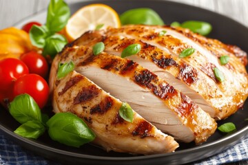 Grilled chicken served with fresh tomatoes on white plate, healthy meal.
