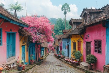 Fototapeta premium Vibrant tropical street with colorful houses and lush palm trees under a clear blue sky