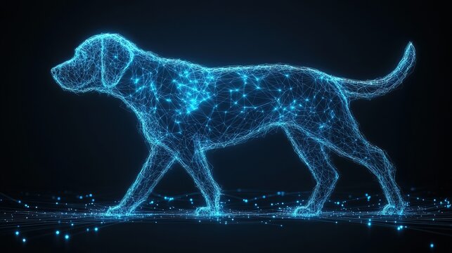 Digital 3D render of dog wireframe blue geometric connections 