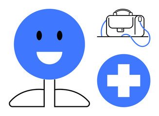 Cheerful person icon with a smile, blue medical cross symbol, and briefcase. Ideal for healthcare, business, work-life balance, medical services, office supplies, happiness in the workplace