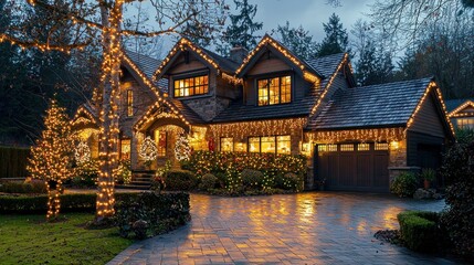 Obraz premium Beautifully decorated house with rows of Christmas lights on the roof, windows, and garden.