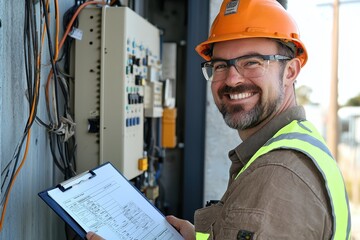 A man wearing a yellow vest and a hard hat is smiling while holding a clipboard