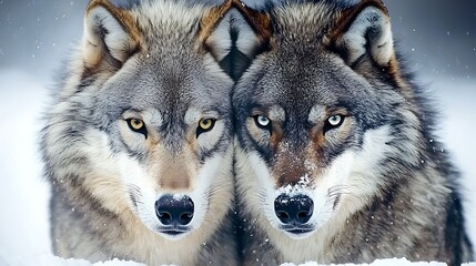 Fototapeta premium Two Wolves in a Snowy Landscape, Close Up of their Faces.