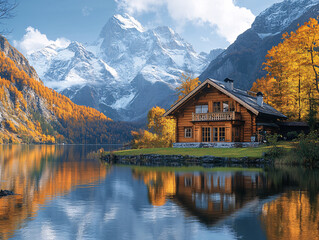 Obraz premium wooden house with a stunning view of a mountain range and a tranquil lake during autumn.