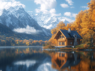 Obraz premium wooden house with a stunning view of a mountain range and a tranquil lake during autumn.