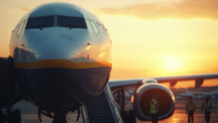Fototapeta premium close up view of airplane at sunset, showcasing its nose and engines, with ground crew visible. scene evokes sense of travel and adventure