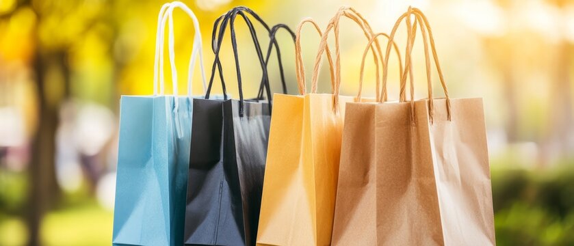 A collection of shopping bags in various colors outdoors, capturing the essence of a vibrant shopping experience