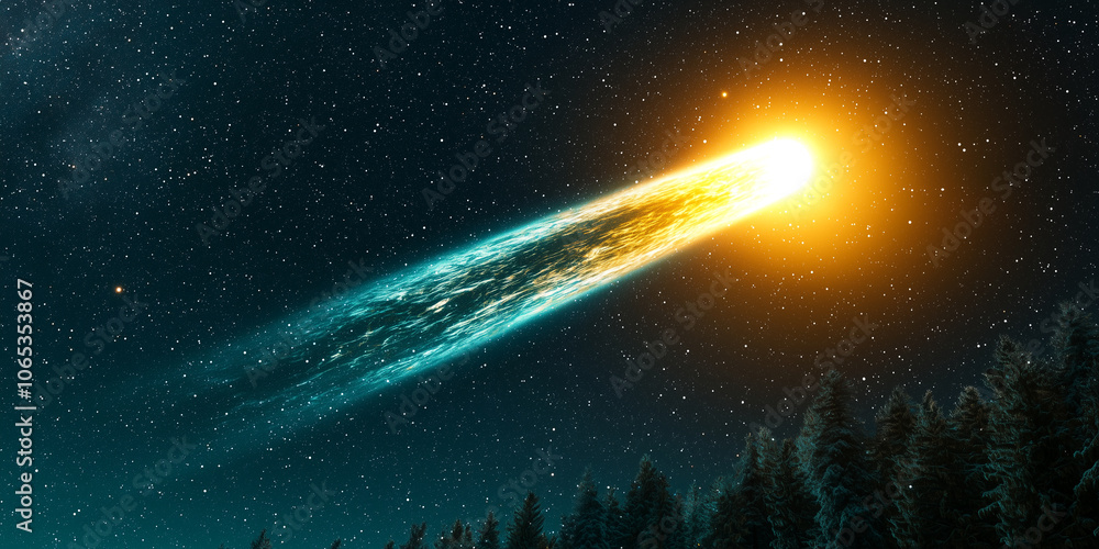 Poster glowing comet streaks across starry night sky, illuminating forest below with its bright tail and vi