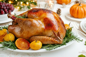Roast turkey on platter with sliced oranges, perfect for Thanksgiving.