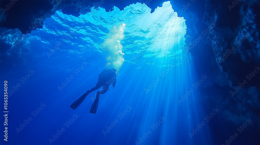Poster diver explores underwater cave, illuminated by beams of sunlight filtering through water, creating serene and mysterious atmosphere