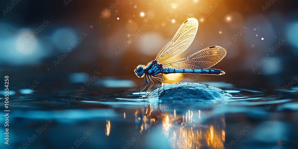 Poster glowing dragonfly hovers over still pond, illuminated by warm light, creating serene and magical atm