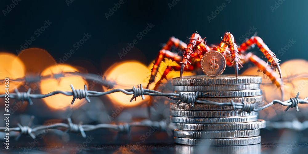 Poster stack of coins trapped behind barbed wire fence, symbolizing financial restriction and security. sce