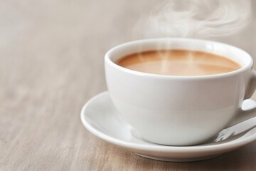 Warm Coffee Cup on Wooden Table Steam Rising Hot Drink