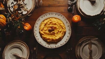 A Thanksgiving table featuring cornbread and mashed sweet potatoes.
