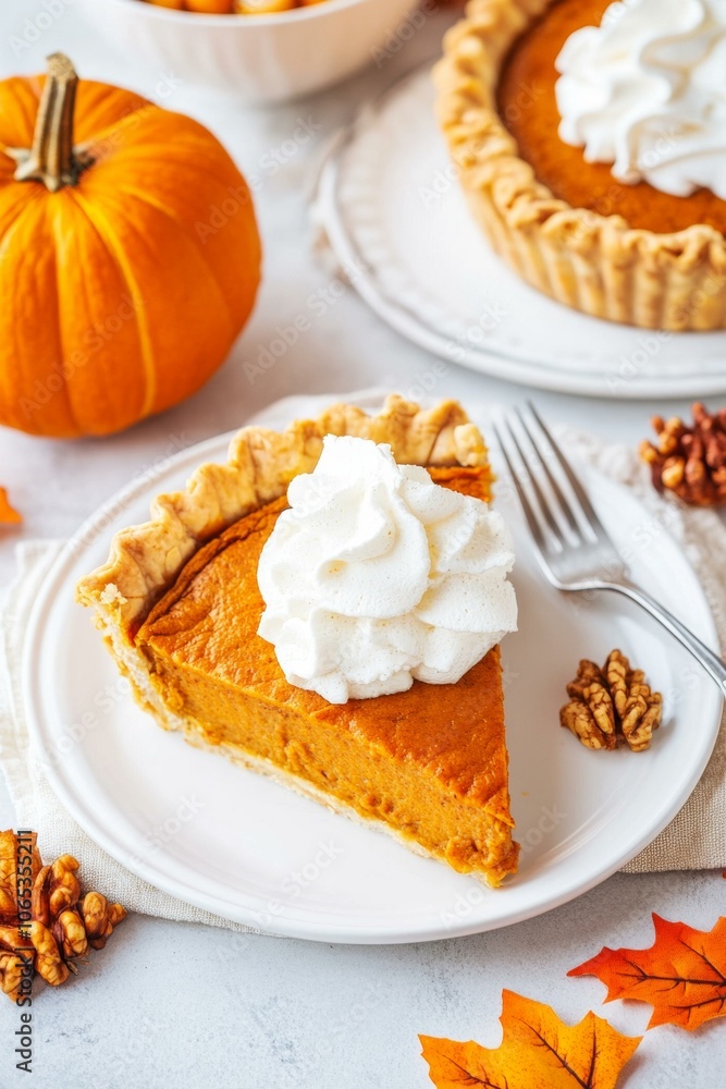 Wall mural delicious pumpkin pie slice on plate, perfect for autumn desserts.