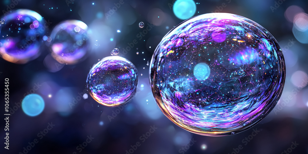 Poster Glowing abstract shapes float in virtual space, creating mesmerizing and colorful scene. vibrant bubbles reflect light, adding sense of wonder and fantasy to digital artwork