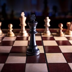 Black king is on a chess board. The board is made of wood and has a black and white pattern