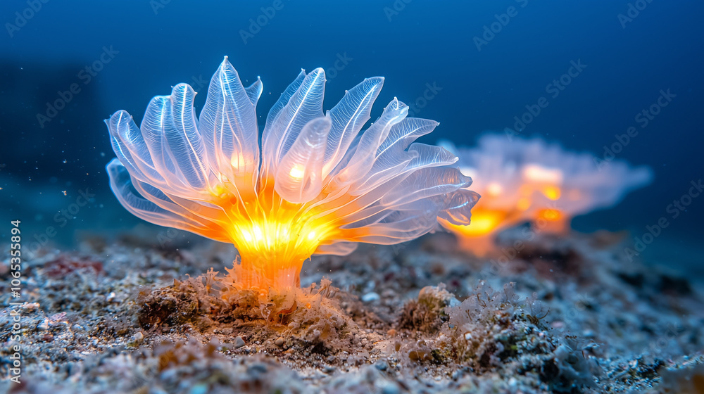 Poster glowing bioluminescent sea creatures illuminate deep ocean floor with ethereal light, creating mesme