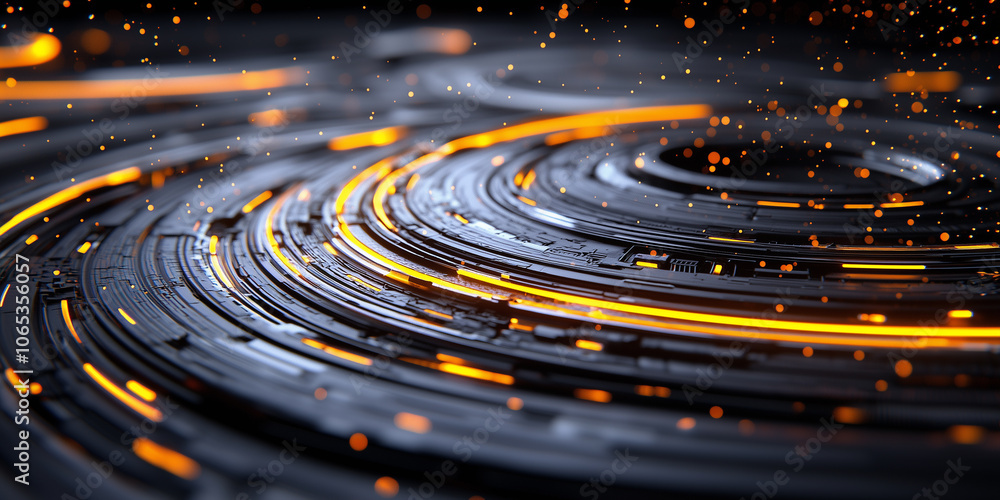 Aufkleber Glowing circuit board patterns create mesmerizing effect against dark background, with vibrant orange lights and intricate designs