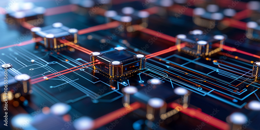 Poster Glowing circuit patterns on dark background symbolize advanced technology and innovation, showcasing intricate electronic connections and futuristic design elements