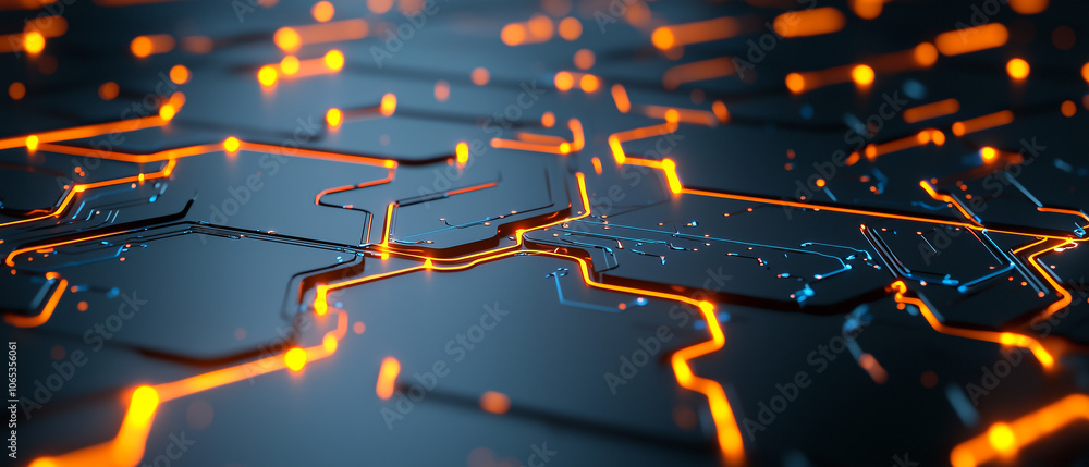 Leinwandbilder Glowing circuit board patterns illuminate dark background, creating futuristic and technological atmosphere. vibrant orange and blue lines form intricate designs, symbolizing innovation and