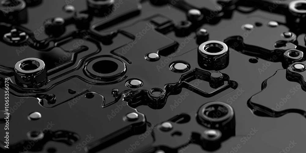 Aufkleber Abstract black liquid forms intricate circuit patterns on dark surface, symbolizing technology and innovation. glossy texture and complex design evoke futuristic and dynamic feel